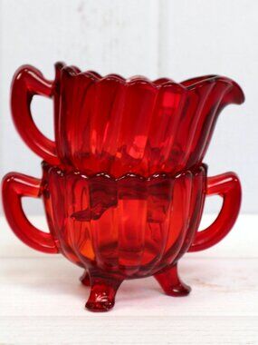 Vintage Depression Glass Imperial Ruby Red Flute Creamer & Sugar Bowl Set 1940s